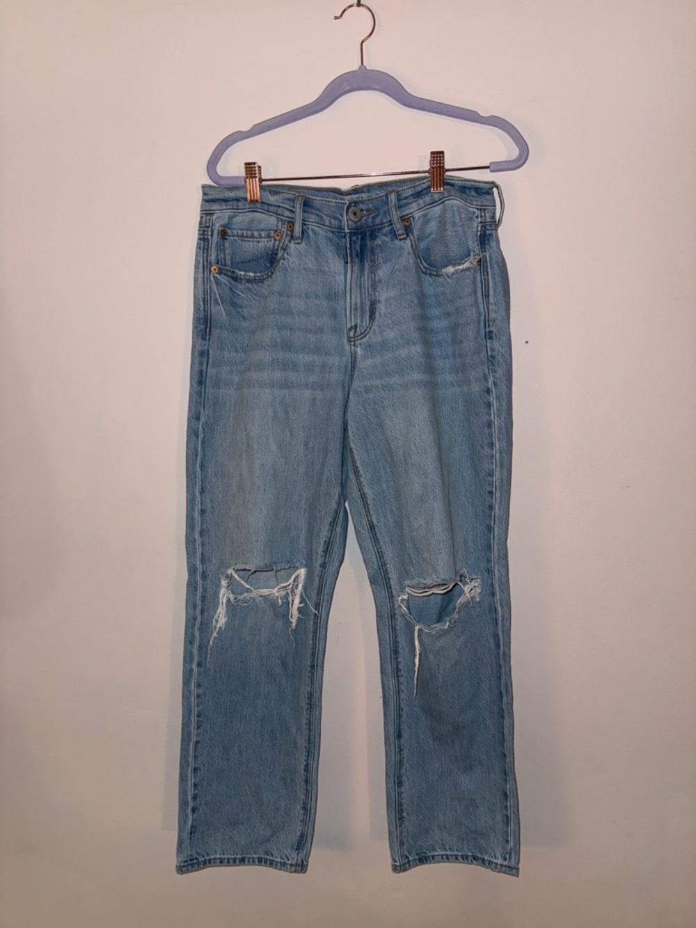 American Eagle Outfitters Light Blue Straight Jeans with Knee Rips
